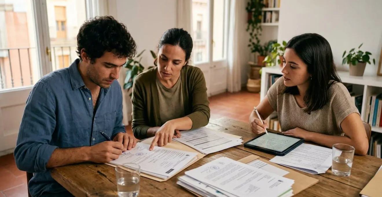 Jóvenes revisando documentación de ayudas para vivienda en España