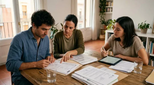 Jóvenes revisando documentación de ayudas para vivienda en España