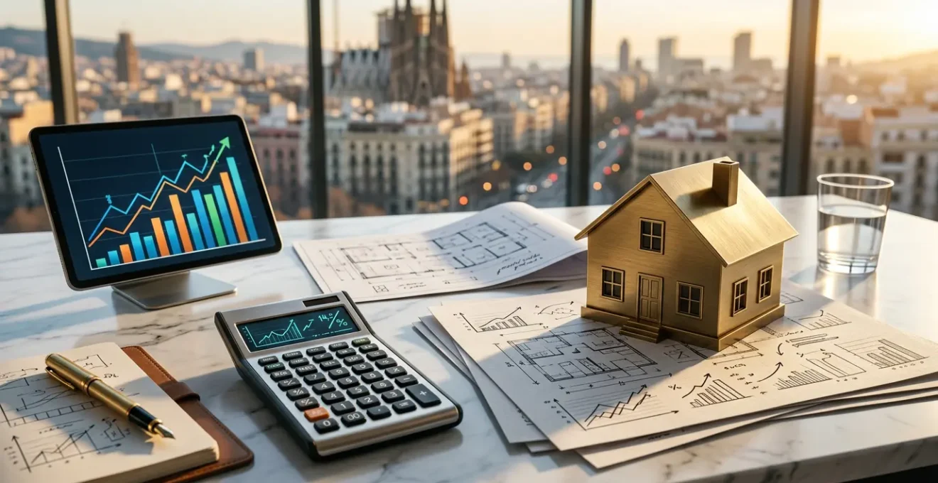 Vista profesional de escritorio con calculadora financiera, documentos de rentabilidad inmobiliaria y modelo de casa en miniatura