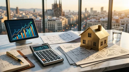 Vista profesional de escritorio con calculadora financiera, documentos de rentabilidad inmobiliaria y modelo de casa en miniatura