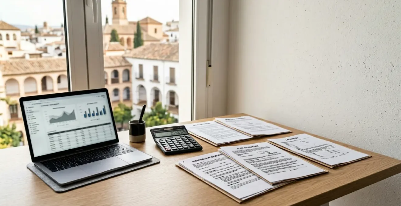 Comparación visual de hipotecas con documentos y calculadora mostrando TAE y costes