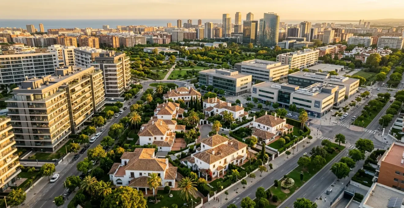 Vista panorámica de propiedades inmobiliarias diversificadas representando un patrimonio familiar sólido y protegido