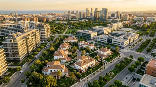 Vista panorámica de propiedades inmobiliarias diversificadas representando un patrimonio familiar sólido y protegido