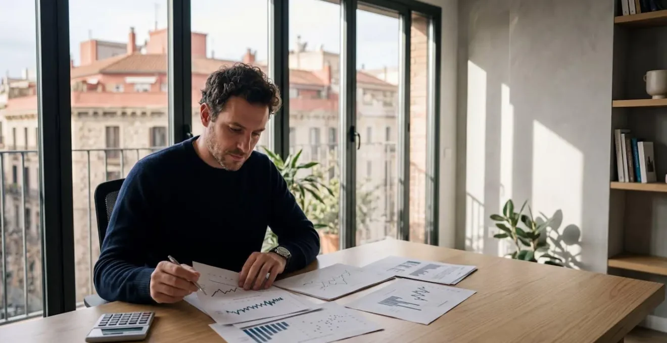 Profesional analizando gráficos de euríbor y calculando diferentes escenarios hipotecarios en un entorno de oficina moderno