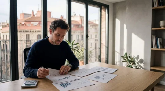 Profesional analizando gráficos de euríbor y calculando diferentes escenarios hipotecarios en un entorno de oficina moderno