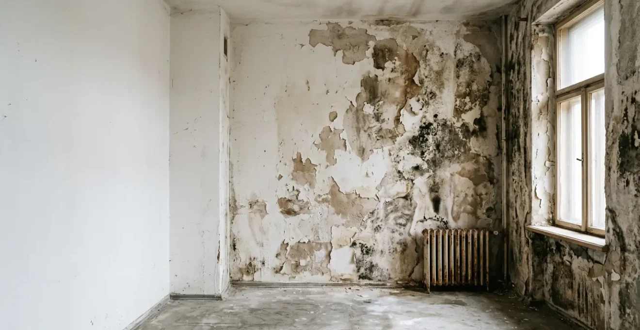 Interior de vivienda con evidentes problemas de humedad en paredes y manchas de deterioro estructural