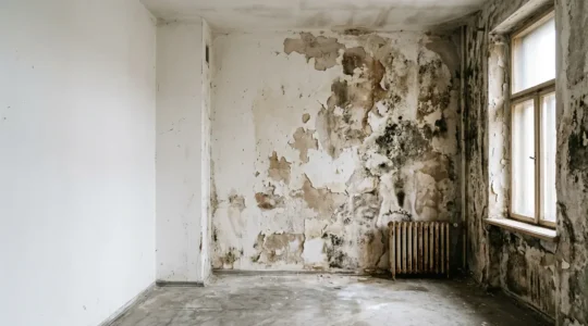 Interior de vivienda con evidentes problemas de humedad en paredes y manchas de deterioro estructural