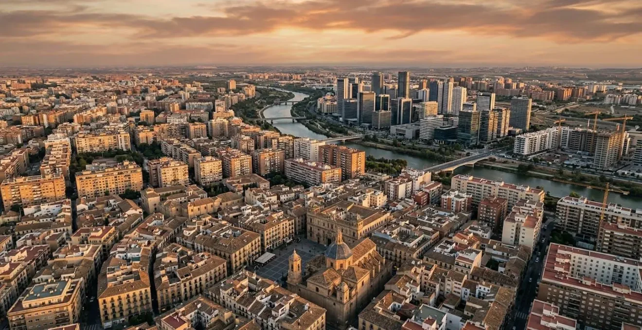 Vista aérea de una ciudad mostrando diferentes zonas urbanas con indicadores visuales del ciclo inmobiliario