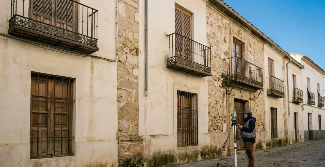 Arquitecto evaluando el estado de una fachada durante una inspección técnica de edificios