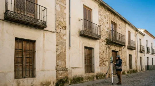 Arquitecto evaluando el estado de una fachada durante una inspección técnica de edificios