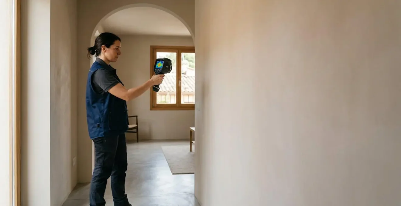 Inspector técnico con cámara termográfica analizando pared de vivienda en busca de humedades ocultas