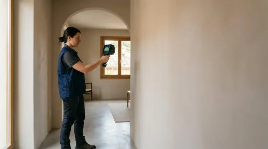 Inspector técnico con cámara termográfica analizando pared de vivienda en busca de humedades ocultas