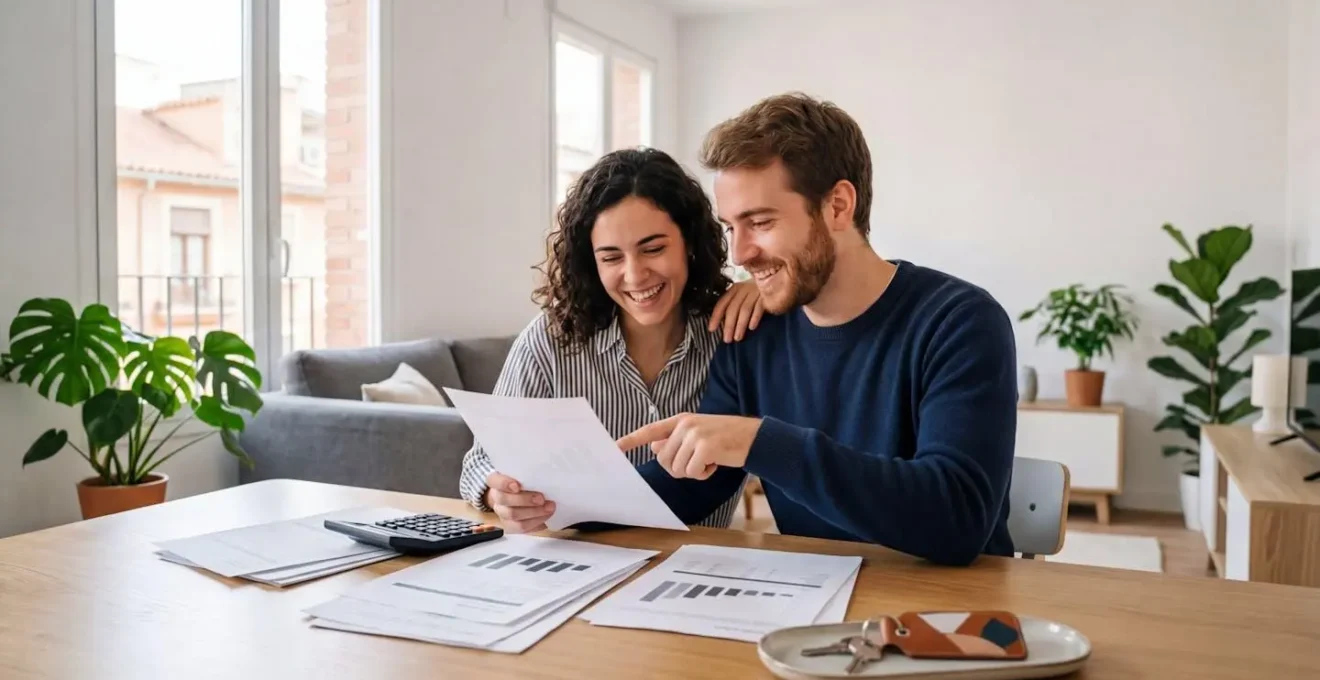 Joven pareja revisando documentos financieros en su nueva vivienda con las llaves sobre la mesa
