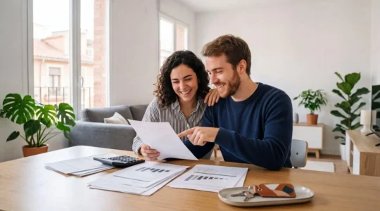 Joven pareja revisando documentos financieros en su nueva vivienda con las llaves sobre la mesa