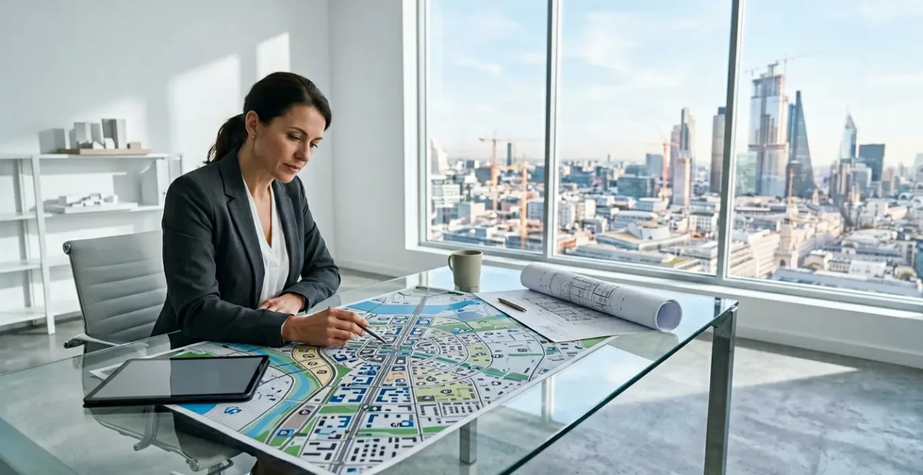 Inversor analizando mapas y datos de zonas emergentes para encontrar propiedades con potencial