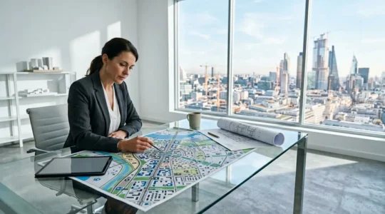 Inversor analizando mapas y datos de zonas emergentes para encontrar propiedades con potencial
