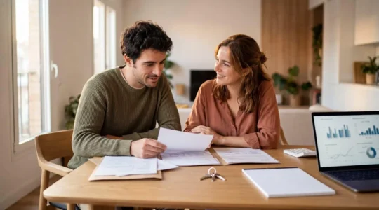 Joven pareja revisando documentación en mesa con llaves de casa