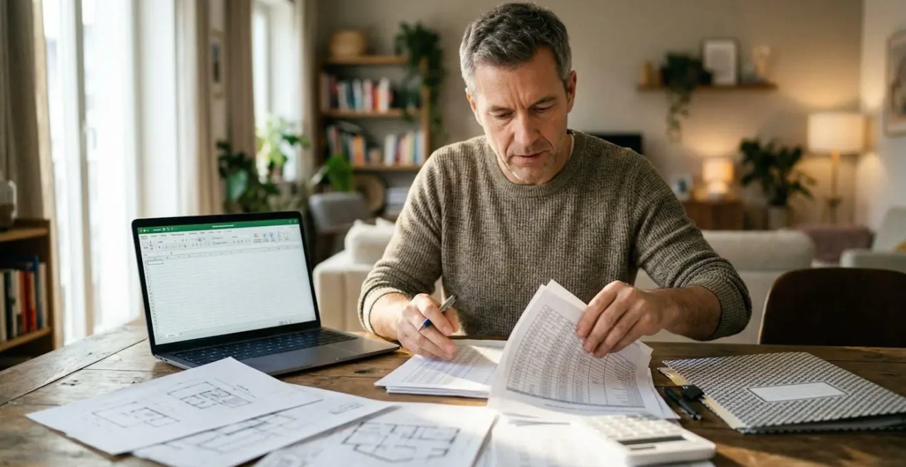 Propietario revisando documentos financieros y calculadora en su hogar para planificar gastos de comunidad