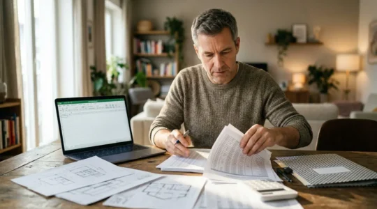 Propietario revisando documentos financieros y calculadora en su hogar para planificar gastos de comunidad