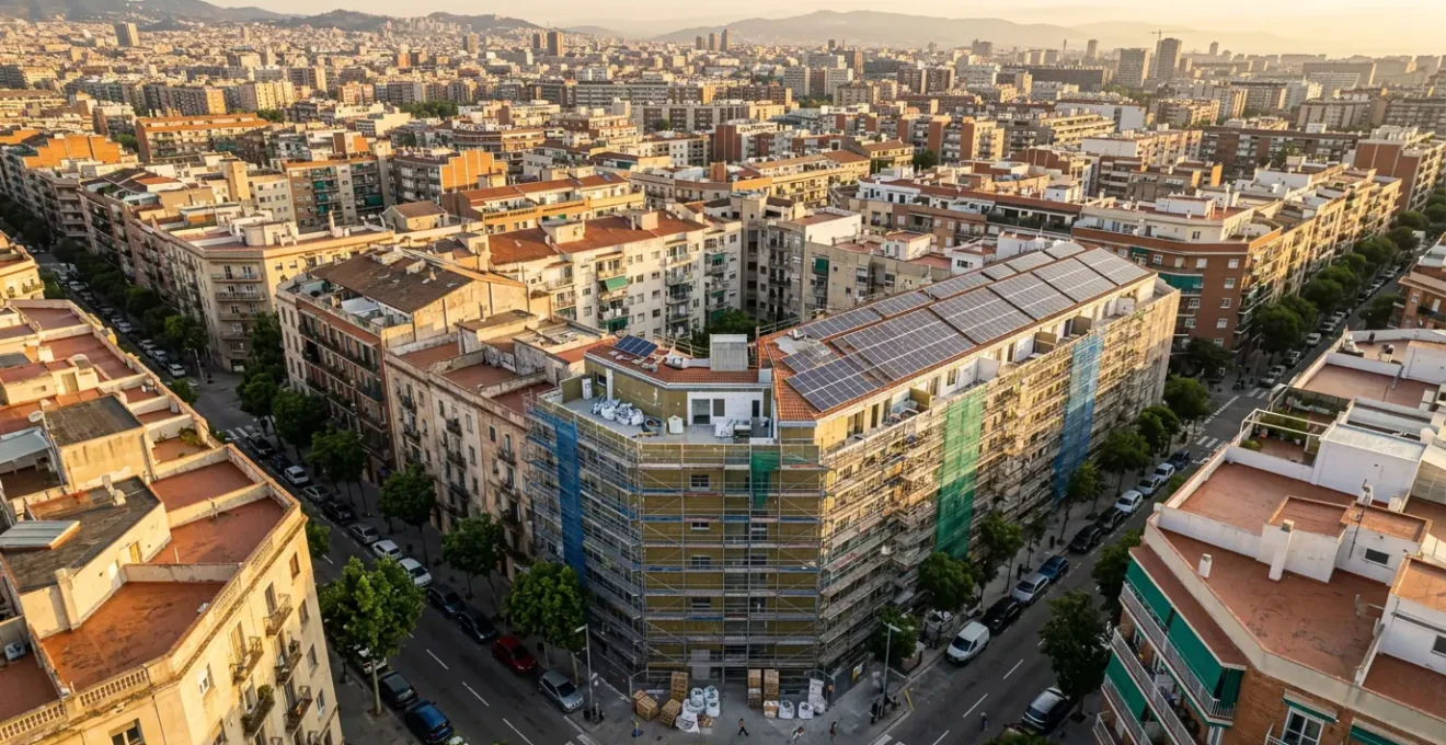Vista aérea de un barrio residencial español mostrando edificios con andamios y paneles solares instalados en proceso de rehabilitación energética