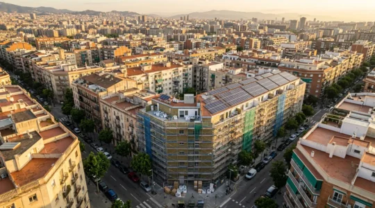 Vista aérea de un barrio residencial español mostrando edificios con andamios y paneles solares instalados en proceso de rehabilitación energética