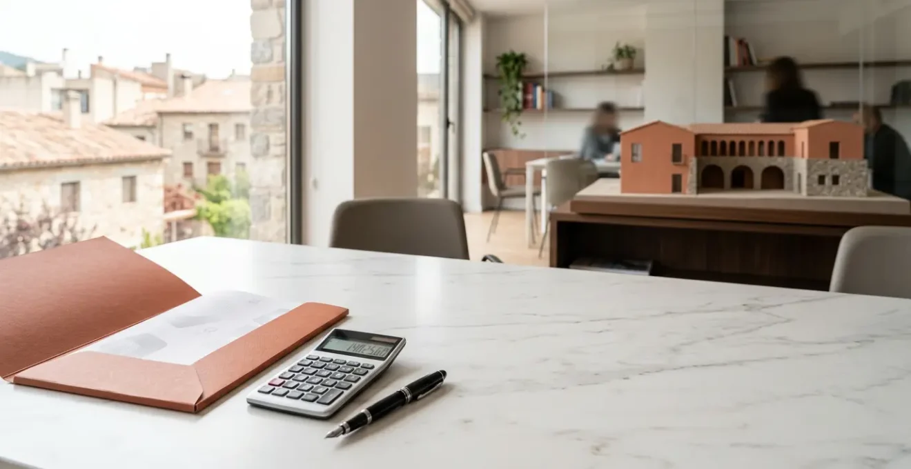 Vista panorámica de documentos legales y calculadora fiscal para compra inmobiliaria en España