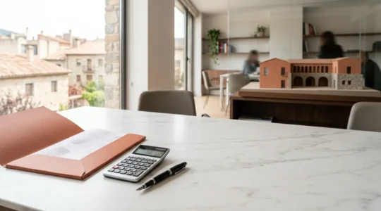 Vista panorámica de documentos legales y calculadora fiscal para compra inmobiliaria en España