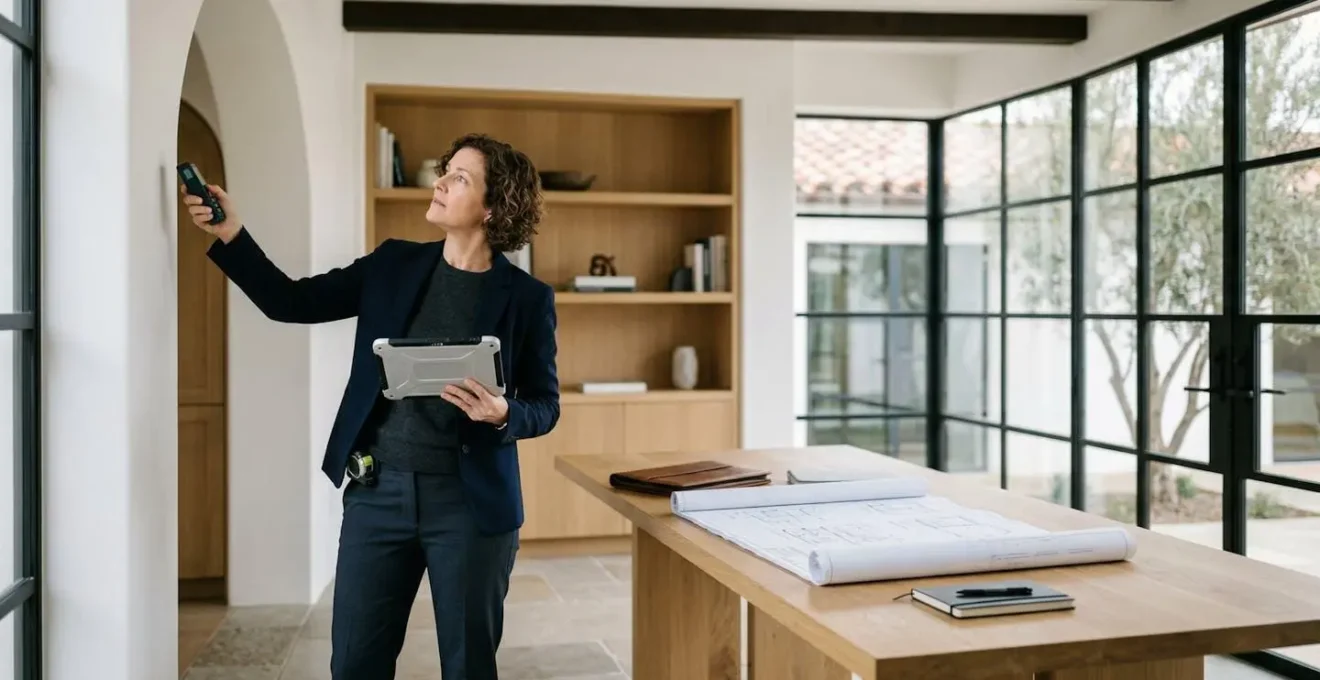 Tasador profesional evaluando una vivienda moderna con documentación y herramientas de medición