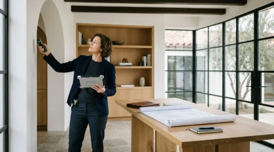 Tasador profesional evaluando una vivienda moderna con documentación y herramientas de medición