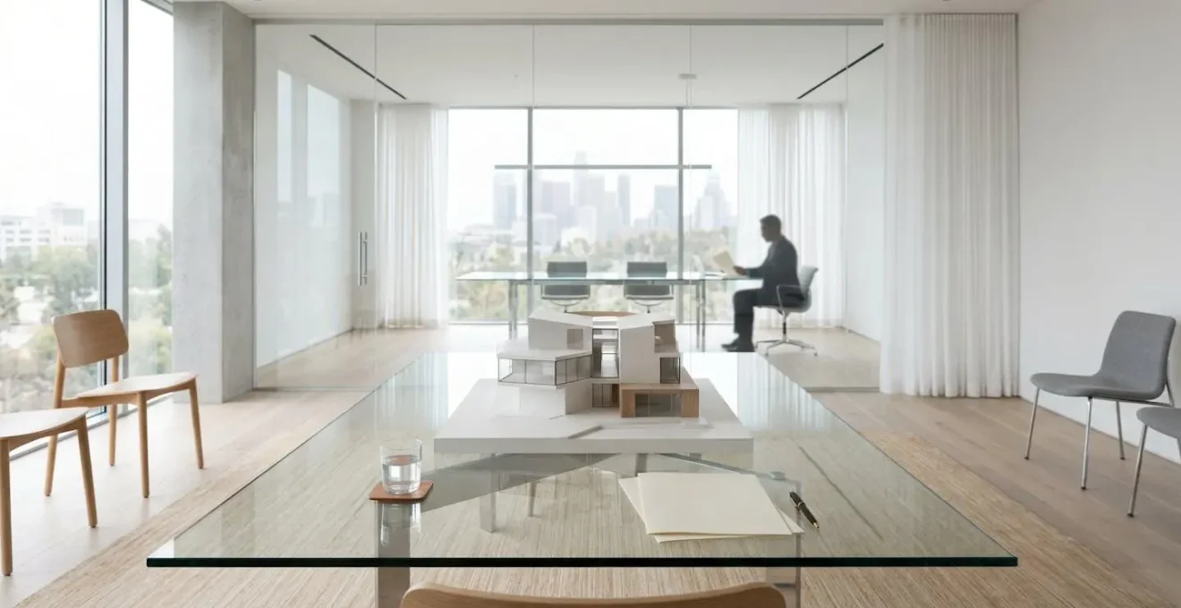 Vista interior moderna de oficina notarial con mesa de cristal y documentos oficiales borrosos