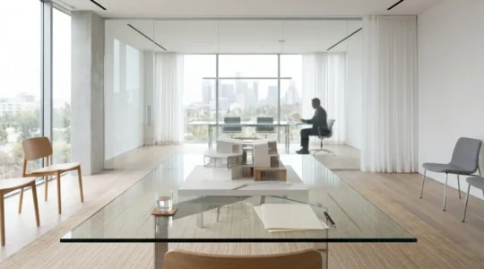 Vista interior moderna de oficina notarial con mesa de cristal y documentos oficiales borrosos
