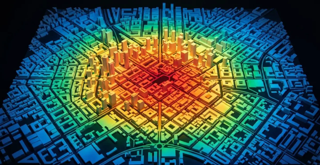 Mapa de calor urbano mostrando zonas de desarrollo y actividad económica emergente