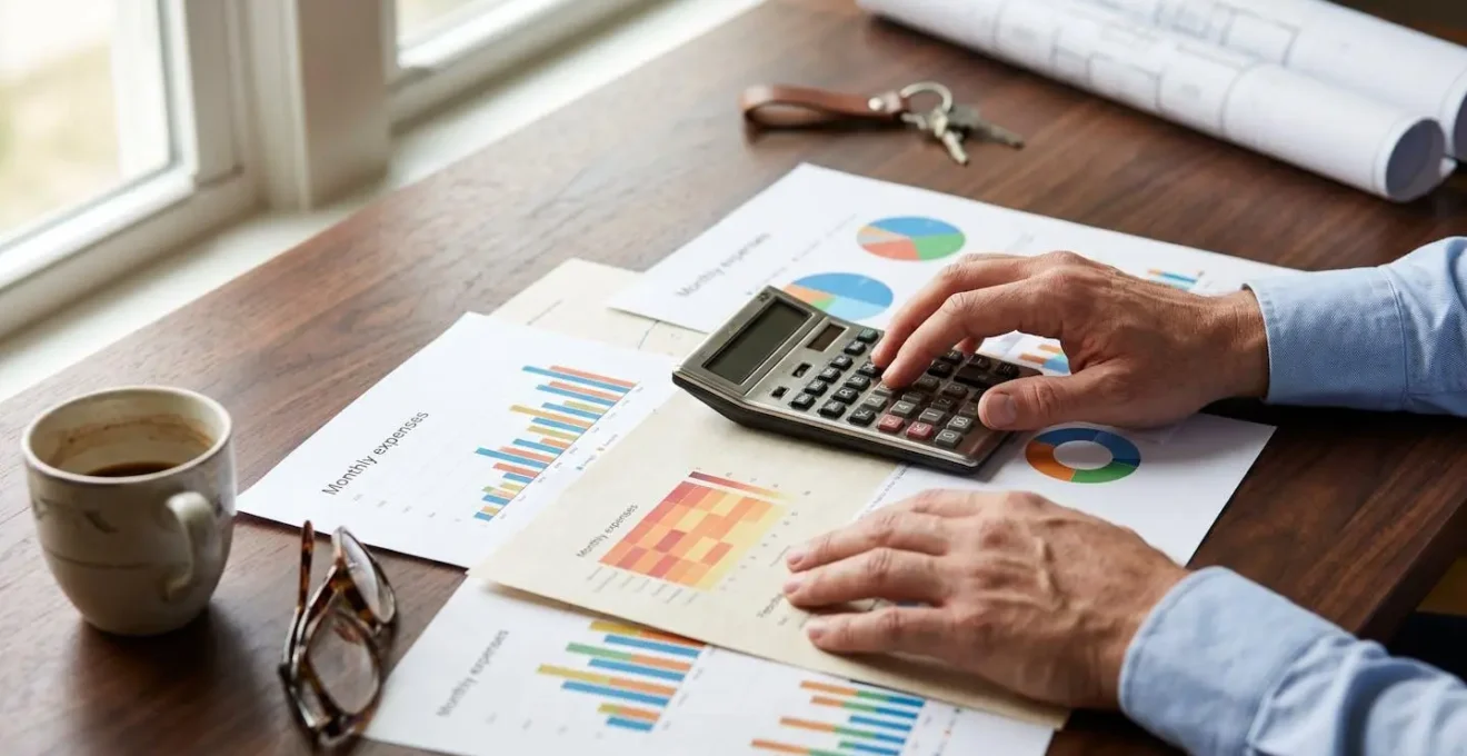 Espacio de trabajo moderno con hojas de cálculo financieras y gráficos de flujo de caja inmobiliario