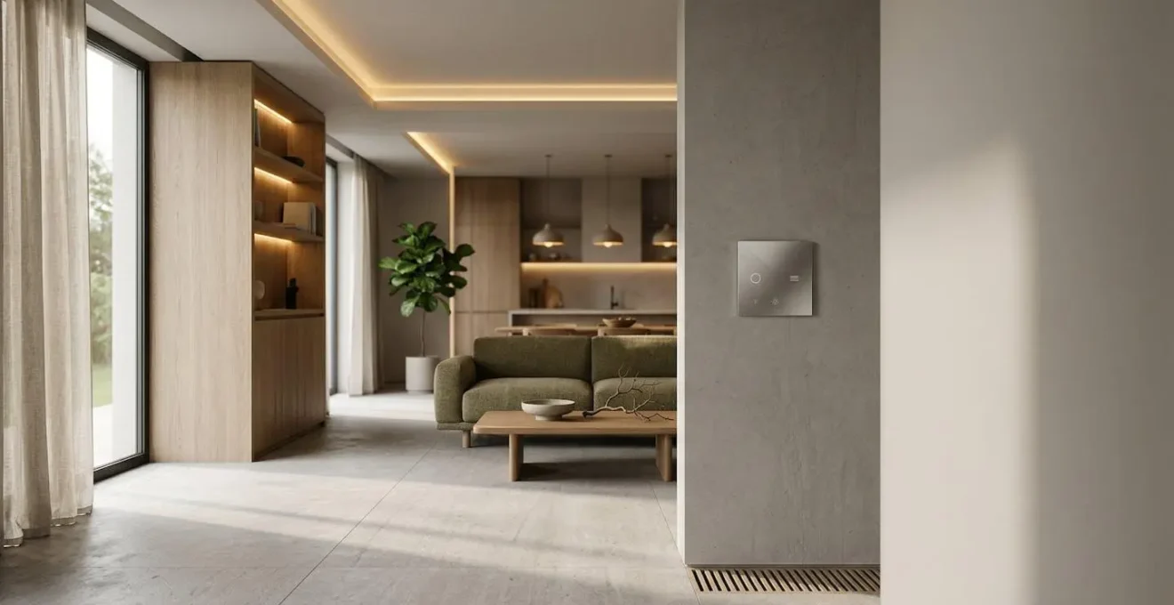 Interior de hogar moderno con elementos domóticos integrados sutilmente en el ambiente
