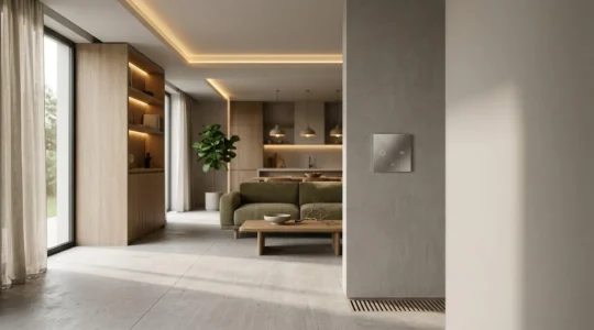Interior de hogar moderno con elementos domóticos integrados sutilmente en el ambiente