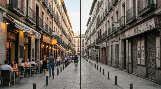 Contraste visual entre calle urbana vibrante con comercio local activo y otra con locales comerciales cerrados
