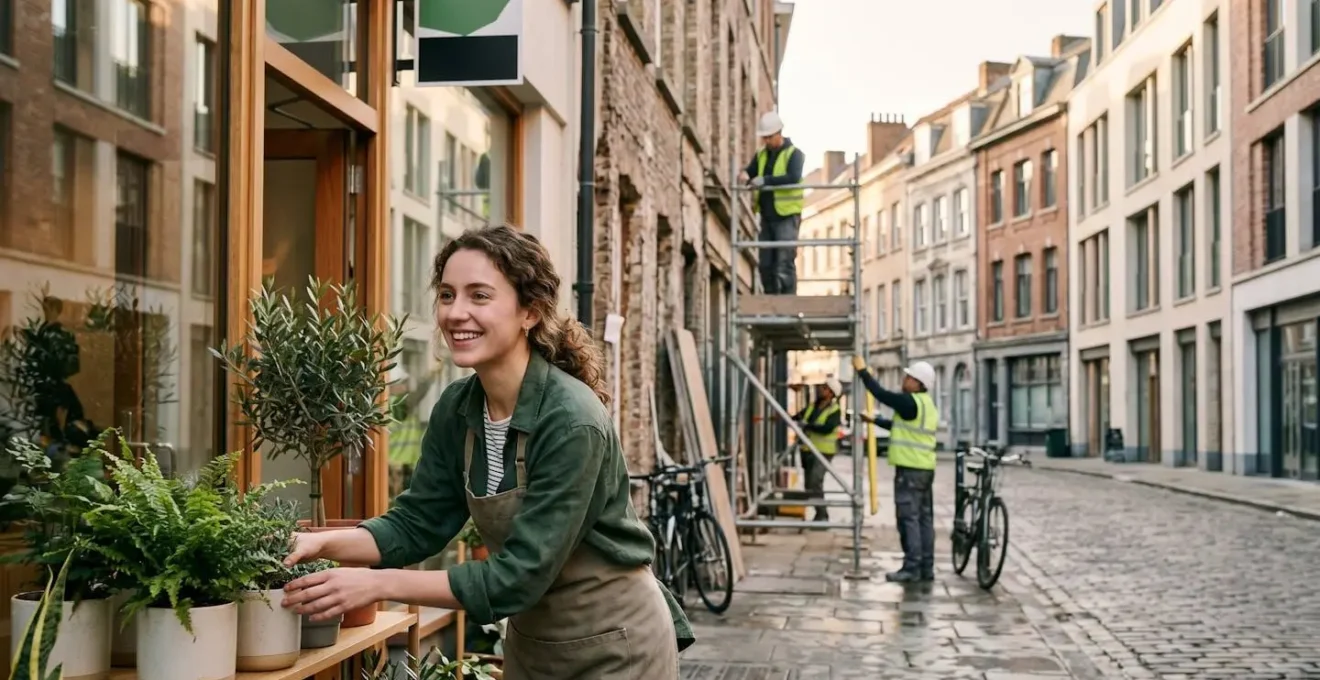 Vista de calle en transformación con nuevos comercios y obras de renovación