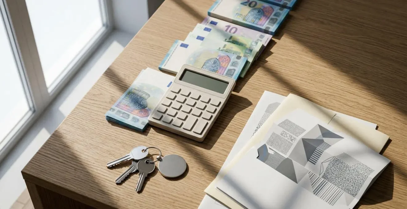 Calculadora y documentos sobre escritorio mostrando gastos de compra inmobiliaria