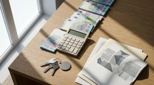 Calculadora y documentos sobre escritorio mostrando gastos de compra inmobiliaria