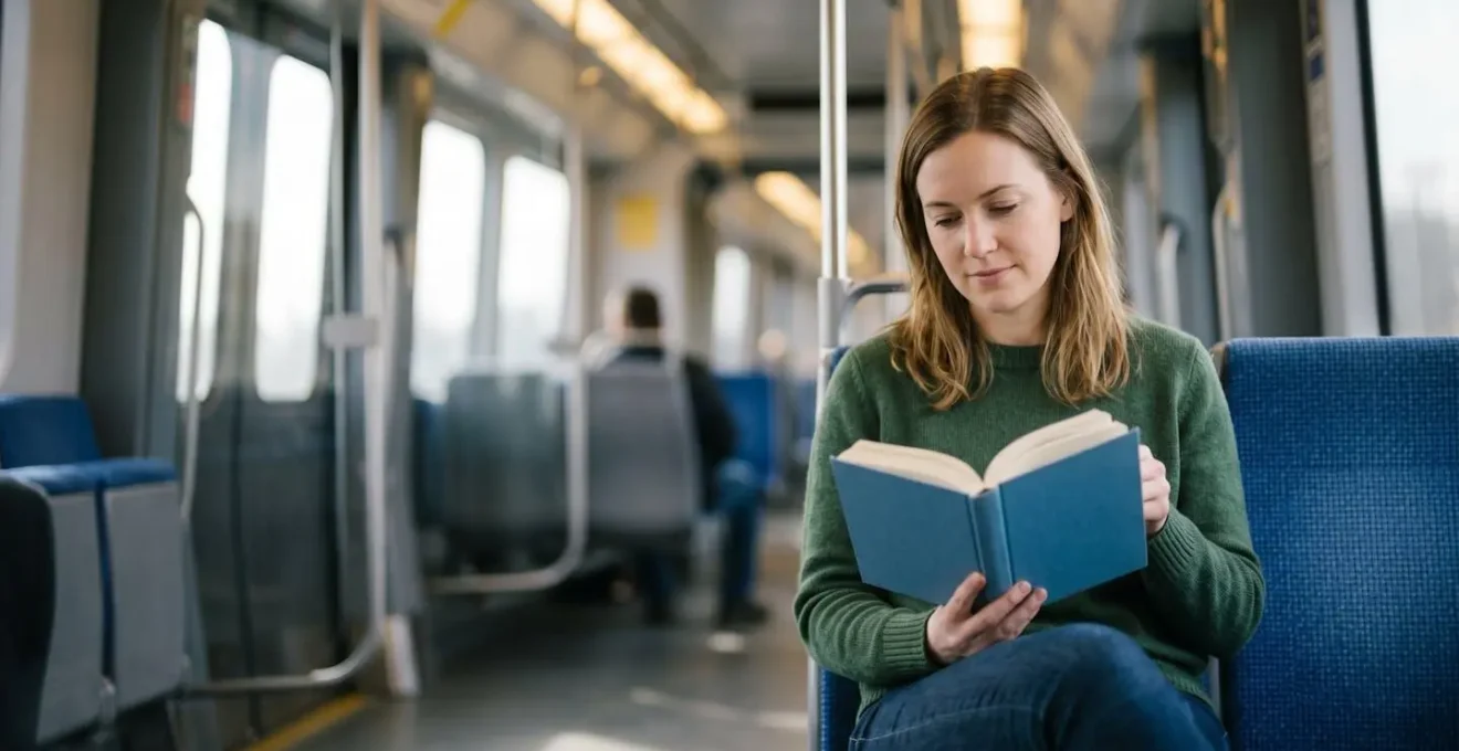 Persona leyendo tranquilamente en un vagón de metro moderno y espacioso, ilustrando un tiempo de desplazamiento de calidad.