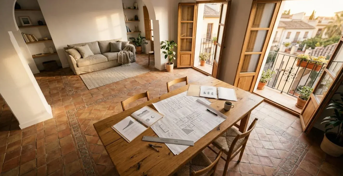 Vista aérea de un apartamento moderno con documentación oficial y planos arquitectónicos sobre la mesa