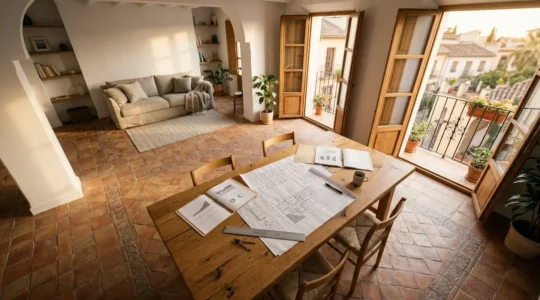 Vista aérea de un apartamento moderno con documentación oficial y planos arquitectónicos sobre la mesa