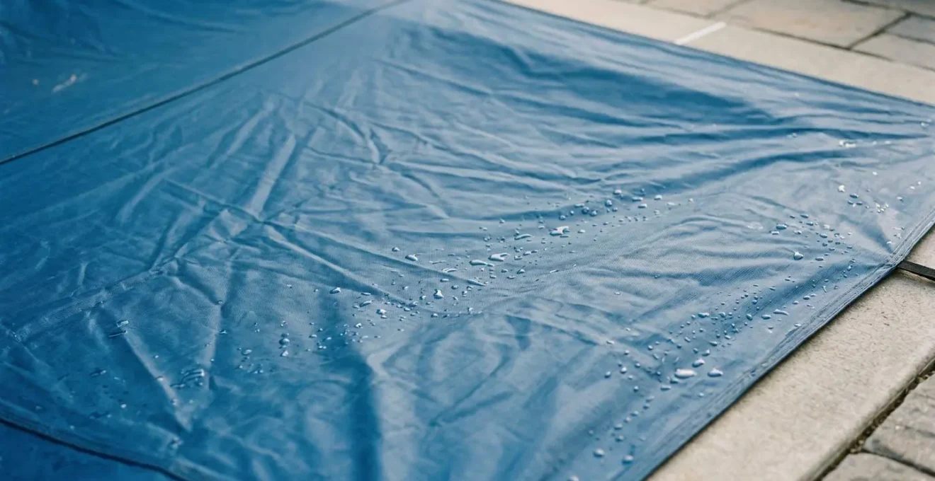 Cobertor azul sobre superficie de piscina con reflejos de luz natural y textura del agua