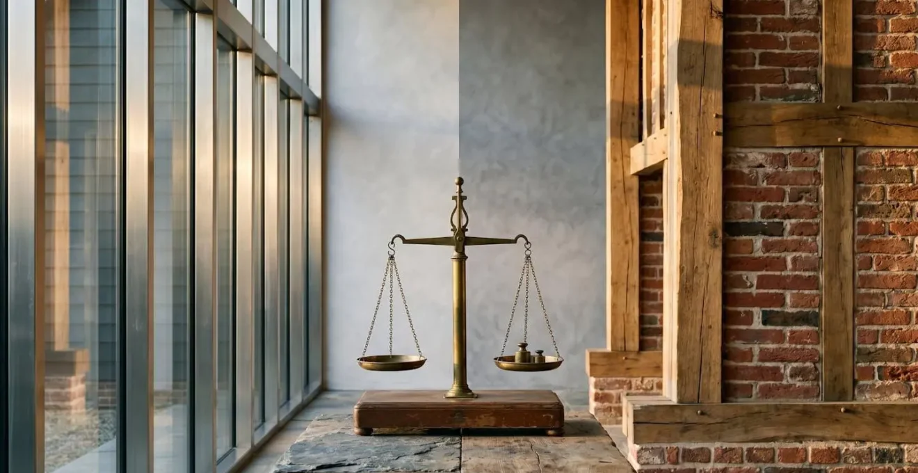 Balanza equilibrando casa moderna y casa tradicional representando comparación de costes