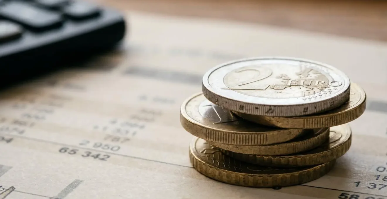 Detalle macro de monedas y calculadora sobre documento de gastos comunitarios con numeros desenfocados