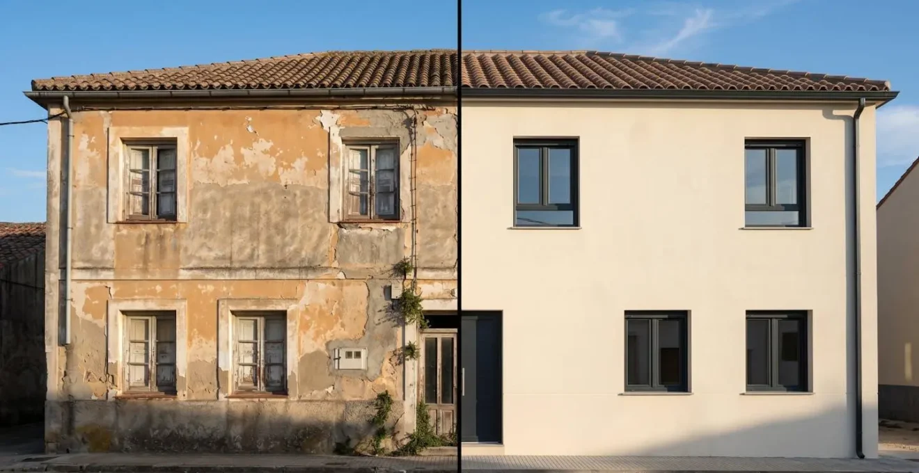 Comparación visual de un edificio residencial español mostrando el contraste entre fachada deteriorada y fachada rehabilitada con aislamiento SATE