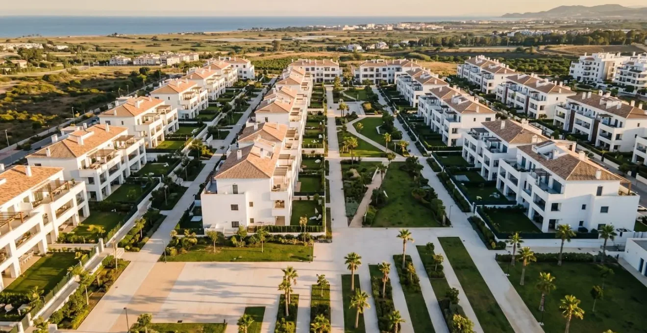 Vista aérea minimalista de desarrollo urbano con gráficos de inversión superpuestos