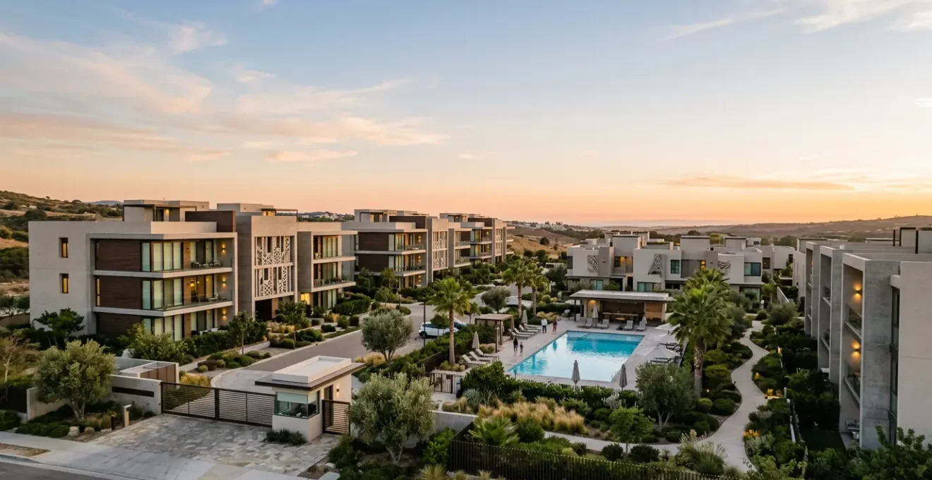 Vista panoramica de complejo residencial con zonas comunes y servicios exclusivos en entorno urbano