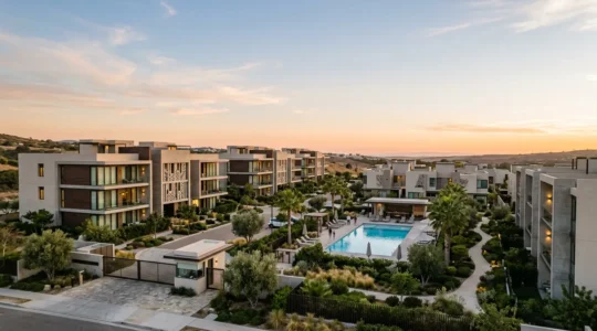 Vista panoramica de complejo residencial con zonas comunes y servicios exclusivos en entorno urbano