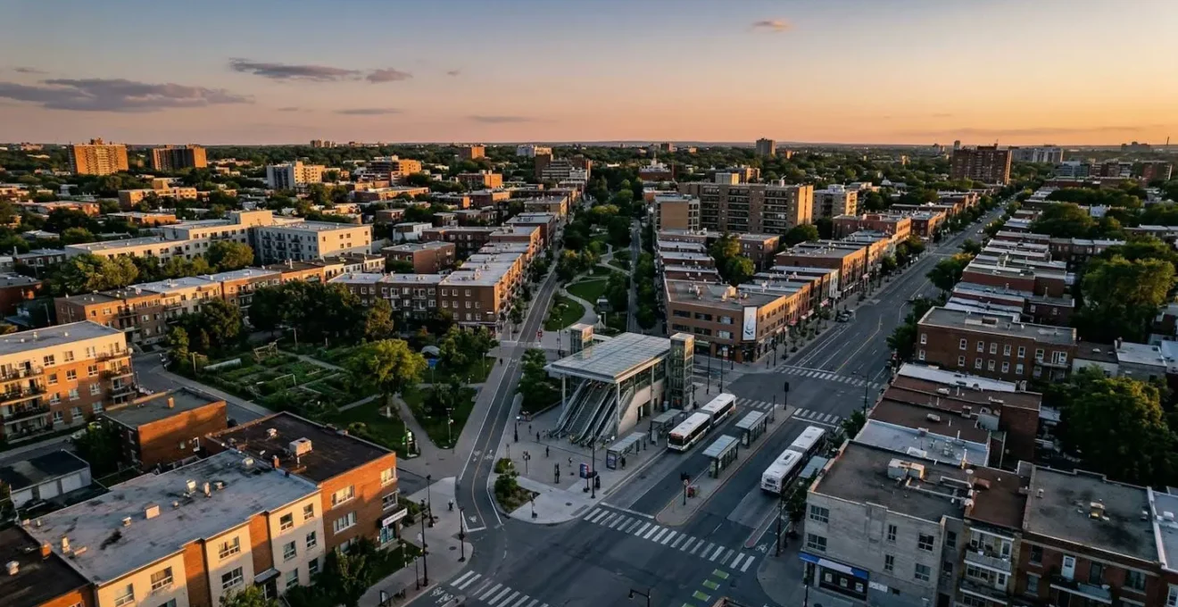 Vista panorámica de barrio urbano con estación de metro y espacios verdes accesibles